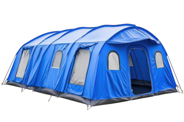 Large, blue, tunnel-style tent with multiple entrances and windows, suitable for group camping