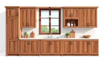 Relocation home improvement concept. Modern wooden kitchen design with stylish cabinets and a bright window view.