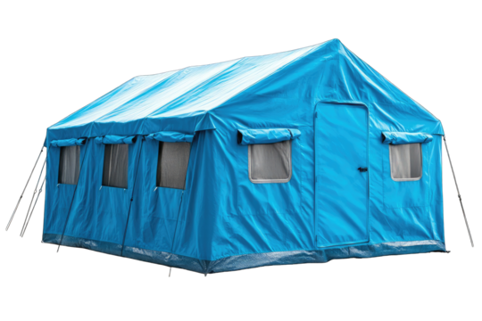 A large, bright blue, rectangular tent with multiple windows and a single door, ideal for temporary housing or disaster relief
