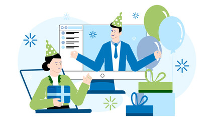 Two people celebrate virtually with gifts and balloons; perfect for virtual event promotions, social media posts, and festive campaigns.