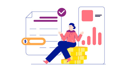 Person on gold coins with checkmark on document. Smart budgeting tools for small business owners