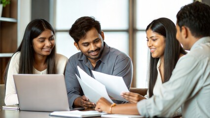 Fototapeta premium Cheerful Indian Coworkers Brainstorming Around Conference Table 