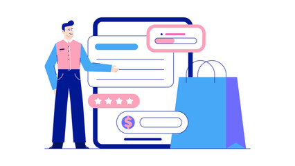 Man joyfully poses by phone, holding shopping bags. Ideal for promoting online shopping deals, customer service, and happiness over purchases.