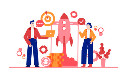 Man and woman stand by rocket. Ideal for science, technology, teamwork, innovation, exploration, space travel, partnership, and futuristic concepts.