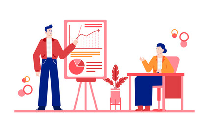 Two individuals pitching a business plan with a graphical presentation. Suitable for business meetings, presentations, finance concepts, teamwork illustrations.