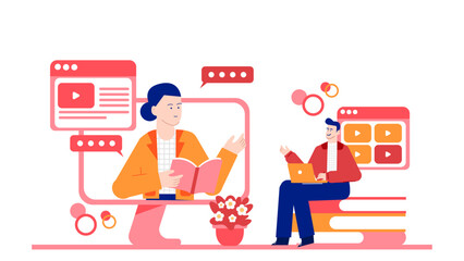 Two people in a virtual meeting discussing work, suitable for webinars, online conference promotions, and remote communication concepts. E-learning and online certification for professionals