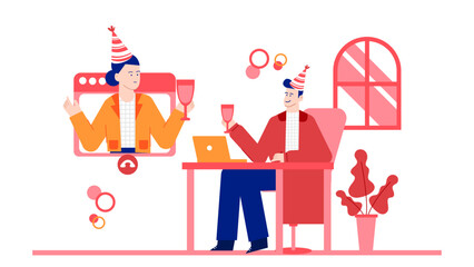 Two people virtually celebrating, toasting each other with a glass. Great for virtual events, celebrations, cheers, friendship, and communication concepts.