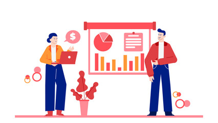 Two people discussing business data from a presentation. Sales manager presenting monthly performance report