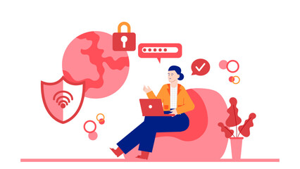 Woman working on a laptop with a shield and lock, symbolizing internet security. Suitable for cybersecurity concepts, data protection, secure online browsing.