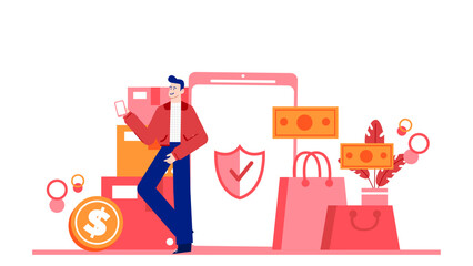 Man shopping online with a phone and credit card. Ideal for ecommerce websites, digital payment platforms, online shopping blogs, and technology articles.