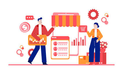 Two people shopping online. Suitable for ecommerce websites, online business articles, digital marketing campaigns, and social media posts.