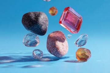 Polished stones and faceted gems levitate against a vibrant blue backdrop, casting subtle shadows
