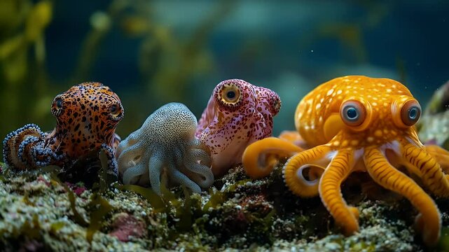 Close-Up of Three Soft Bodied Small MultiColored Octopuses with Round Eyes Sitting on Seaweed in a Pixelated Style
