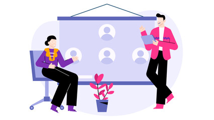 Presentation with a woman sitting and a man standing. Suitable for business meetings, conferences, team presentations, leadership concepts. Business professionals discussing.