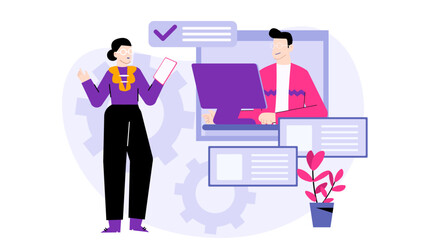 Two people discuss project with plant in pot suitable for teamwork, collaboration, office discussions, brainstorming, projects, work meetings, business negotiations.