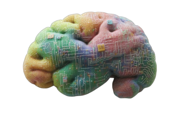 A pastel-colored brain model with embedded circuit board design, suggesting a blend of biology and technology