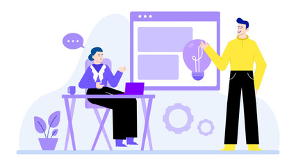 Business meeting with woman at desk, man by whiteboard. Ideal for presentations, teamwork, office scenes, collaboration in workplace settings.