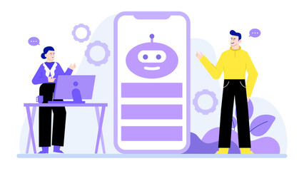 Woman working at a desk with a large phone, a robot, and a man. Suitable for technology, teamwork, communication, business concepts.