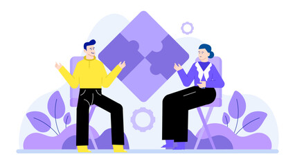 Two people pointing at puzzle, sitting on chairs. Ideal for teamwork, problem solving, strategy, collaboration, brainstorming, and communication concepts.