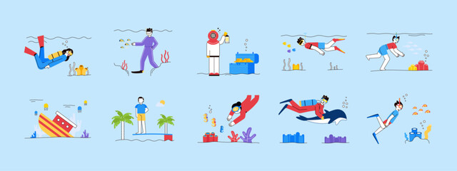 Diving illustration set. Flat vector illustration concept.