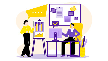 Two people discussing a graph and chart in an office. Suitable for business presentations, reports, financial analysis, and collaborative discussions.