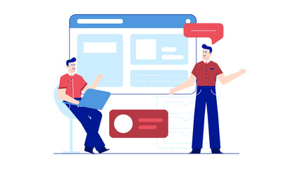 Two men in front of a website. Suitable for tech companies, web developers, online businesses, digital marketing agencies, and website designers.