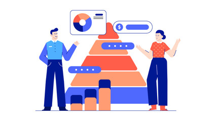 Two people discussing a pyramid chart, suitable for business presentations, data analysis reports, teamwork concepts, brainstorming sessions.