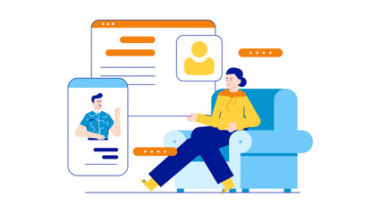 Woman in a yellow hoodie video calls a man, suitable for marketing ads, communication concepts, virtual meetings, technology, and online relationships.