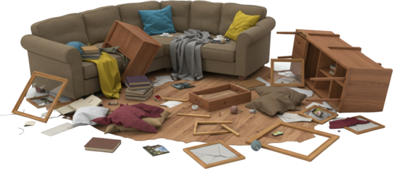 Messy Room Interior Scene Upset Furniture Broken Frames Scattered Books and Papers