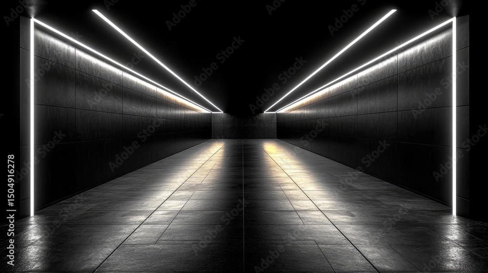Poster illuminated corridor: a futuristic architectural scene, a dark, sleek corridor dramatically illumina