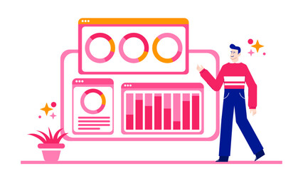 Man presenting charts and graphs suitable for business presentations, financial reports, data analysis concepts, corporate meetings, and statistical analysis visuals.