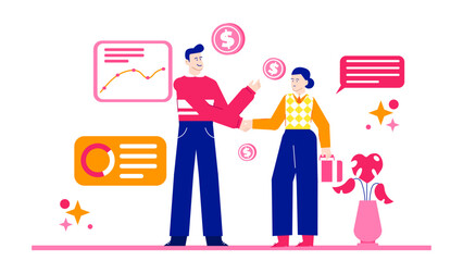 Two people seal a financial deal with a handshake, surrounded by floating dollar signs. Ideal for business and finance concepts. Negotiating partnership deal between two companies