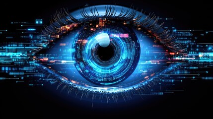 Digital Eye: A high-tech, artistic portrayal of an eye, featuring intricate digital elements and a futuristic aesthetic, symbolizing vision, technology, and innovation.
