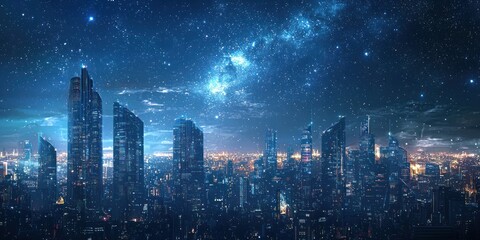 Fototapeta premium A futuristic city skyline with glowing skyscrapers under a star-filled night sky