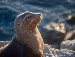 Fototapeta premium sea lion resting on a sunlit rocky.