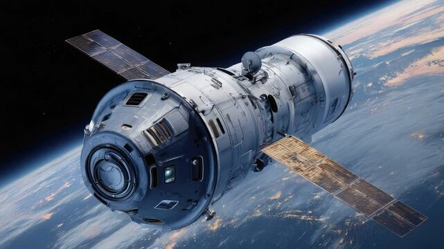 Celestial Sentinel: A detailed view of a futuristic spacecraft, gracefully orbiting planet Earth. Its intricate design and advanced technology represents humanity's aspiration to explore the cosmos.