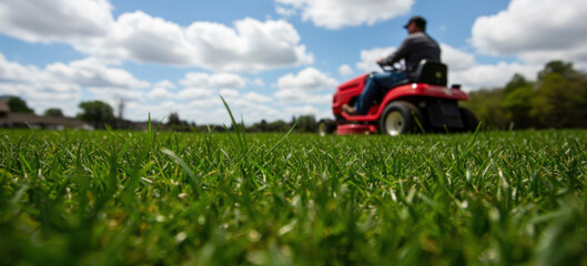 Selective focus, Freshly cut green grass with worker riding modern professional lawn mower. Macro close up, Landscaping, outdoor maintenance, urban suburban gardening. National Lawn Care Month