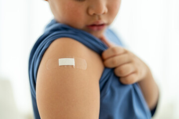 Portrait of happy smile vaccinated little asian kid boy children ages 5 to 11 years old posing show...