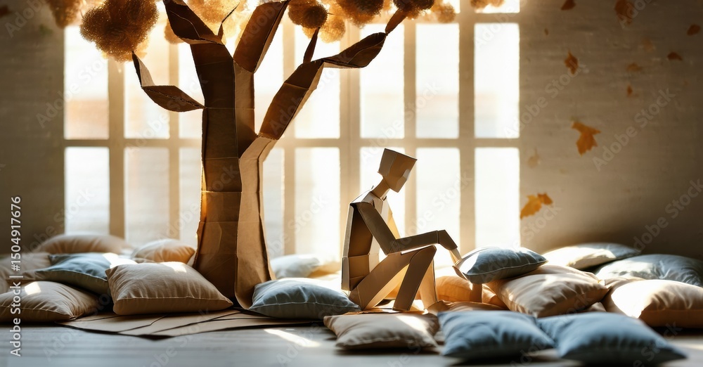Poster cardboard figures sit near tree. room filled with pillows, light streams through window. warm tones 