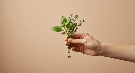 Hand Holding Fresh Green Herbs on Beige Background for Culinary and Decorative Use