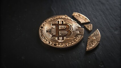 A broken Bitcoin coin on a dark surface symbolizes disruption in the cryptocurrency market.