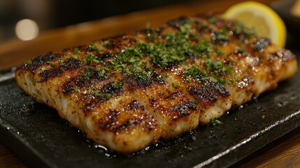 Grilled fish fillet, seasoned and garnished