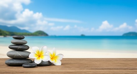 Tranquil Beach Scene with Stones and Frangipani Flowers Decoration for Relaxing Ambience