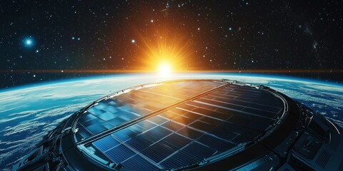 A futuristic orbiting station with solar panels reflecting sunlight as Earthâ€™s curvature dominates the background