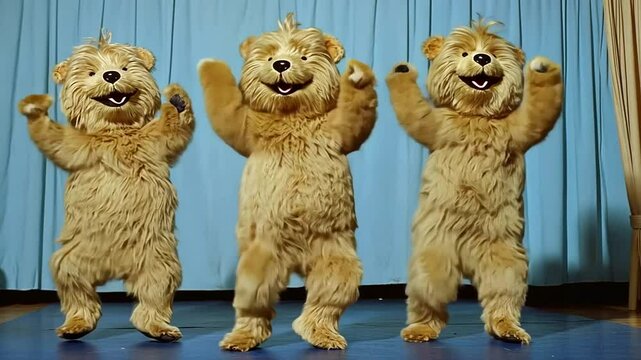 Three Playful Cartoon Dogs Dancing on a Stage