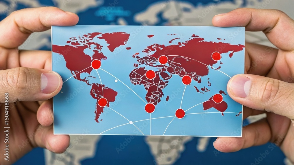Poster a person holds a card depicting a world map with connections highlighted, symbolizing global communi