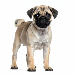 Obraz premium Cute Pug Puppy Portrait: An adorable pug puppy stands confidently, showcasing its charming features and endearing personality, capturing hearts with its playful gaze and expressive face.
