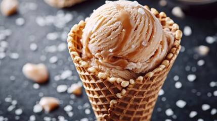 Creamy Caramel Ice Cream in Waffle Cone with Sea Salt Garnish