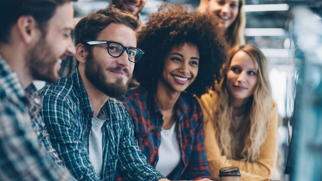 Diverse group of young adults smiling and enjoying social moments together in lively, friendly setting, showcasing friendship, happiness, and casual conversation among friends