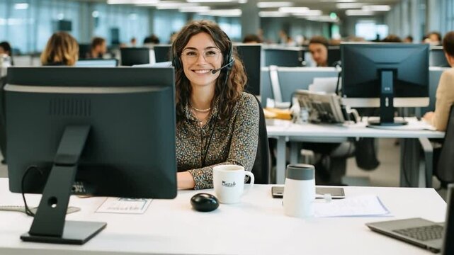 Smiling woman with headset working at her desk in busy office workspace surrounded by colleagues and office equipment, showcasing professional communication and positive office environment